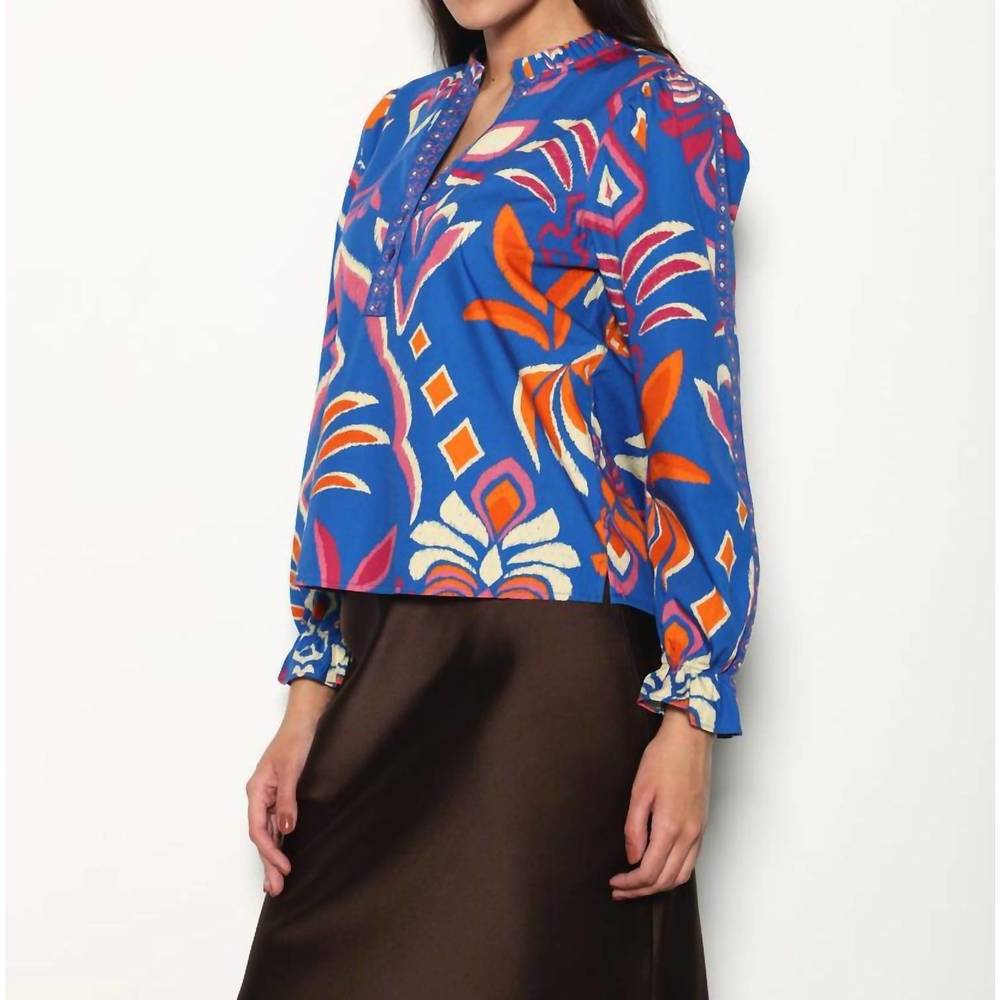 Maude Vivante Ashley Top in Cobalt Ikat Printed Long-Sleeve Blouse - Picture 2 of 6